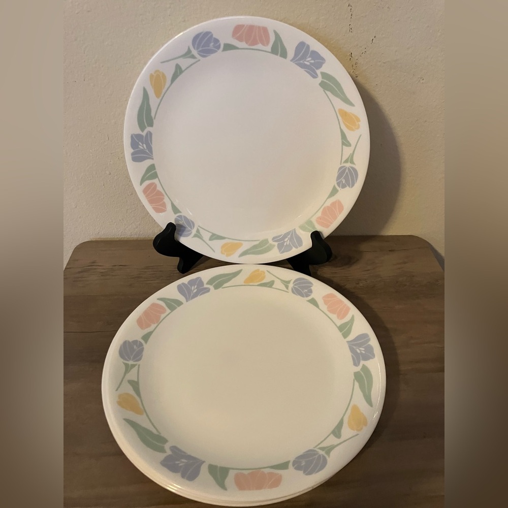 Vtg Set of 4 Corelle by Corning Friendship 10" Dinner Plates Tulips Pastel